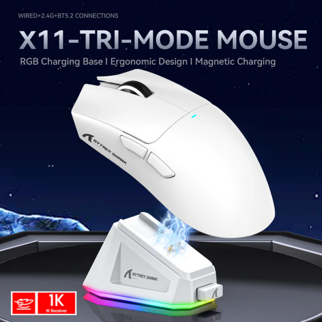SOURIS GAMING SANS FIL ATTACK SHARK X11 , 22K DPI (WHITE)